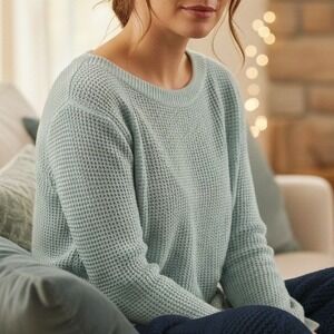 Talbots Oversized XS $98 Cotton Wool Blend Aqua Teal Blue‎ Waffle Knit Sweater